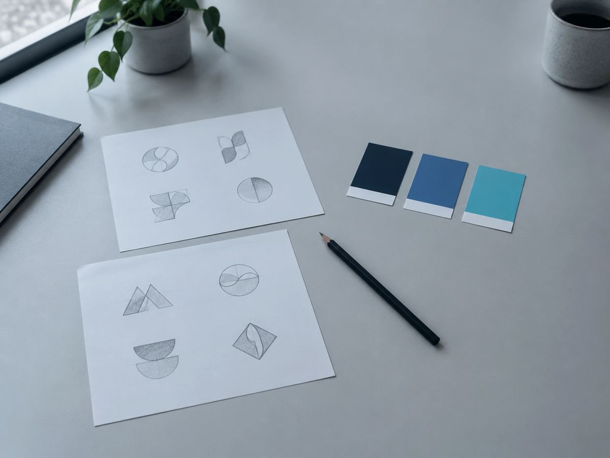 Corporate-Identity-Entwicklung: Logo-Skizzen, Farbpalette und Brand Guide auf dem Designer-Schreibtisch