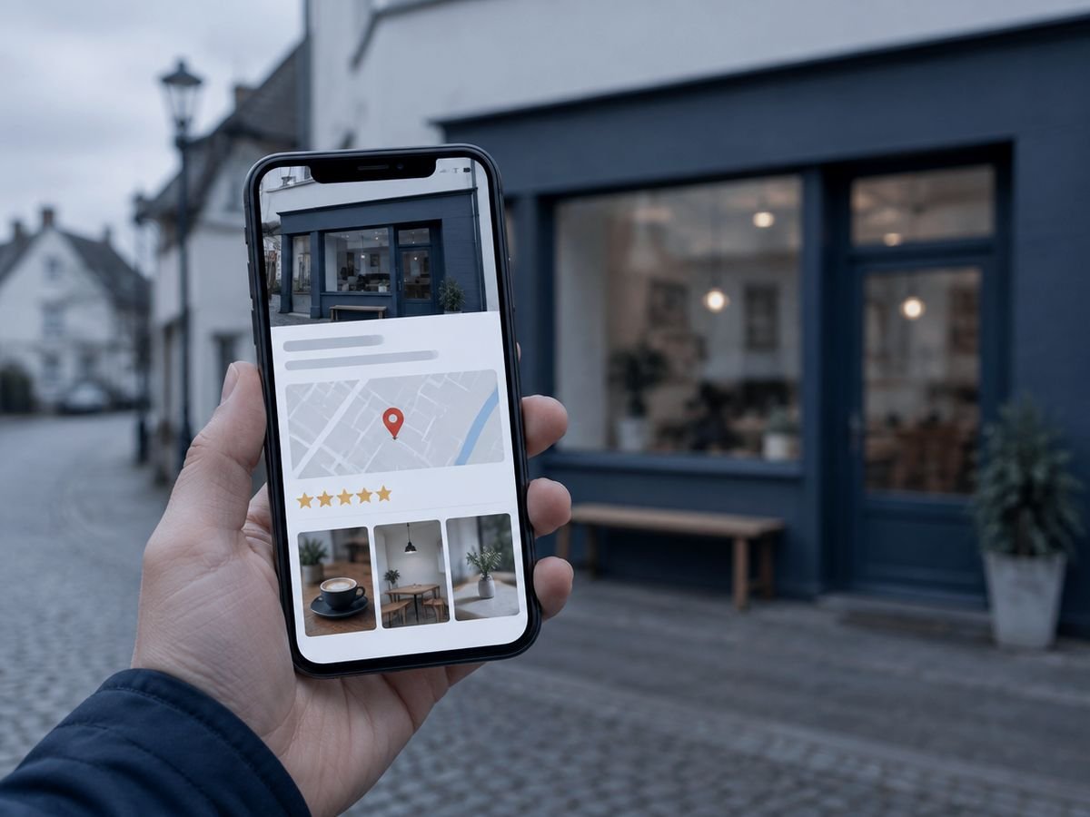 Google Business Profil auf dem Smartphone vor einem Ladengeschäft