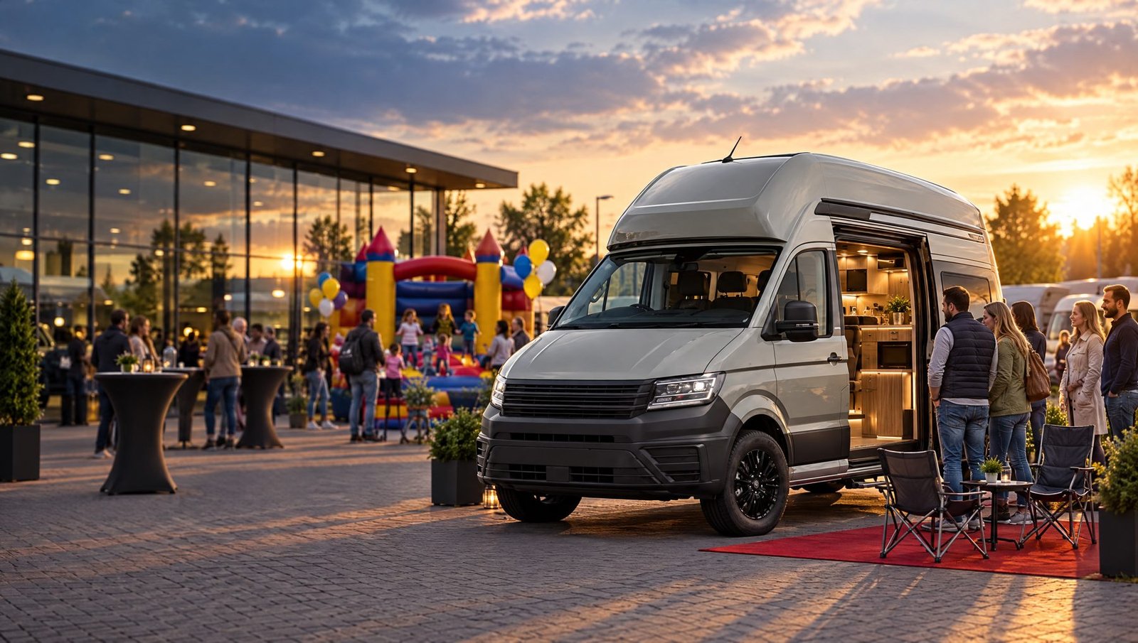 Grand California 600 als Star beim Erlebnistag auf dem Hof eines Händlers – offene Schiebetür, roter Teppich, Hüpfburg und Besucher im Hintergrund