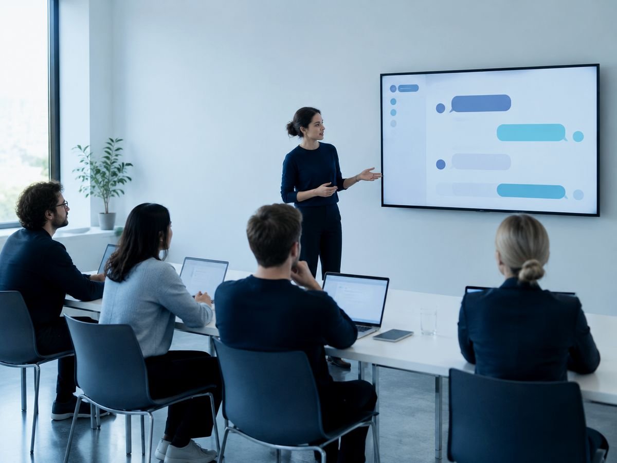 KI-Schulung für ein KMU-Team: Trainerin erklärt KI-Workflows im Workshop