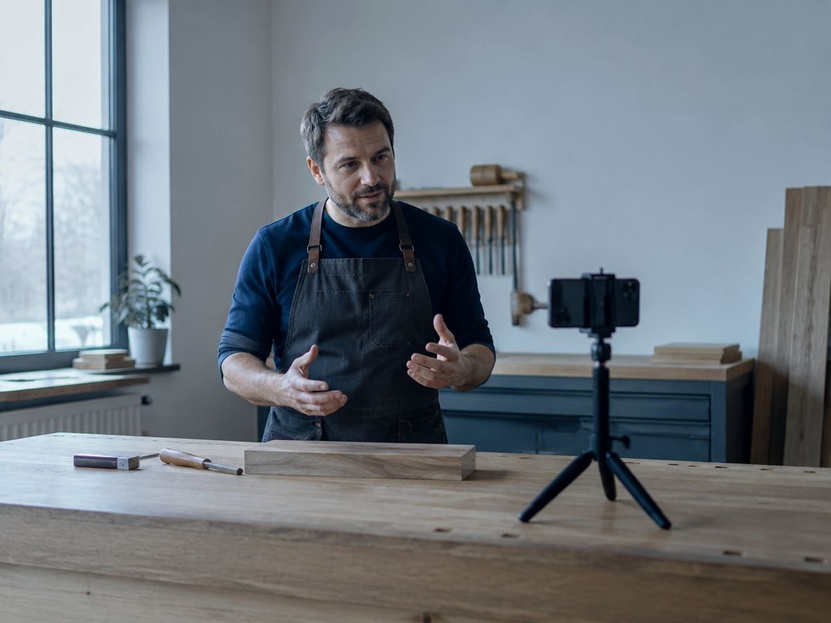 Handwerker filmt sich in der Werkstatt mit dem Smartphone