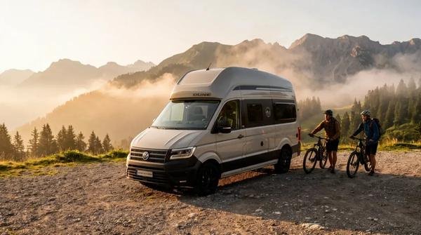 Grand California 600 in den Bergen, zwei Radfahrer daneben