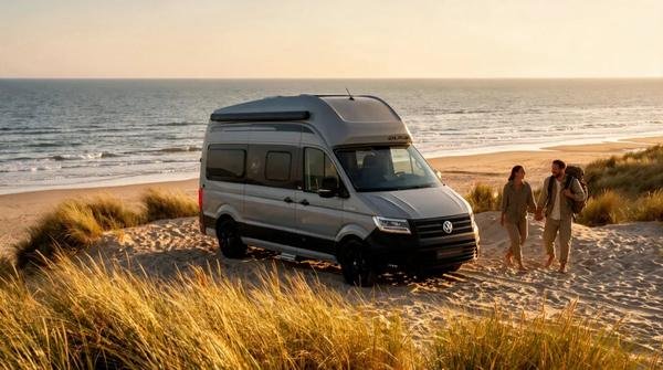 Grand California 600 an den Dünen am Meer, ein Paar spaziert daneben