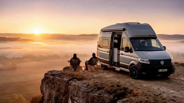 Grand California 600 bei Sonnenaufgang über dem Nebeltal, zwei Camper in Campingstühlen