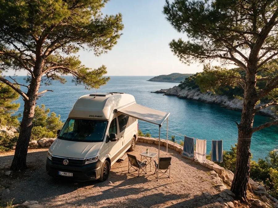 VW Grand California 600 4MOTION Sondermodell DUNE mit ausgefahrener Markise über einer türkisfarbenen Bucht
