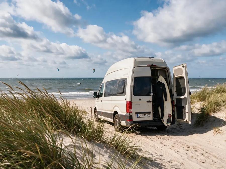 VW Grand California 600 4MOTION Sondermodell DUNE im Dünengras am Ostseestrand mit Surfbrett an den offenen Hecktüren