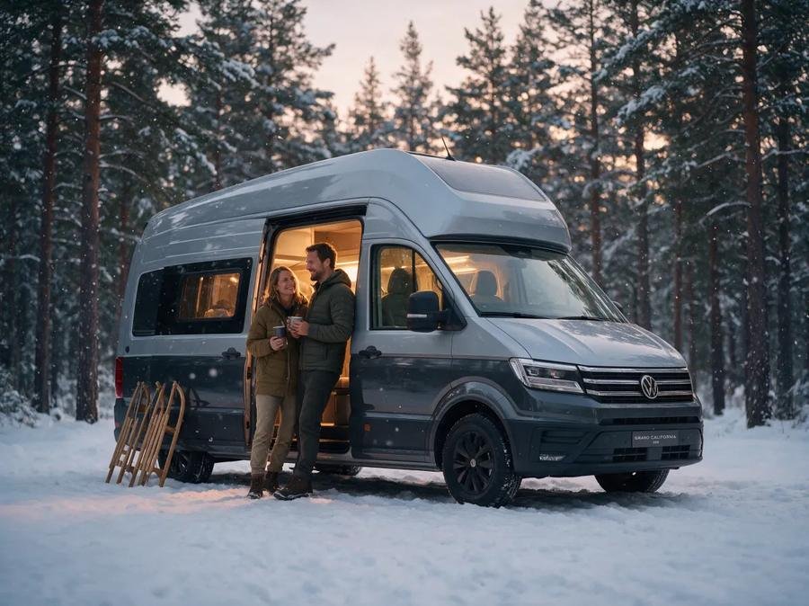 VW Grand California 600 4MOTION Sondermodell DUNE auf verschneiter Waldlichtung mit warmem Licht aus den Fenstern