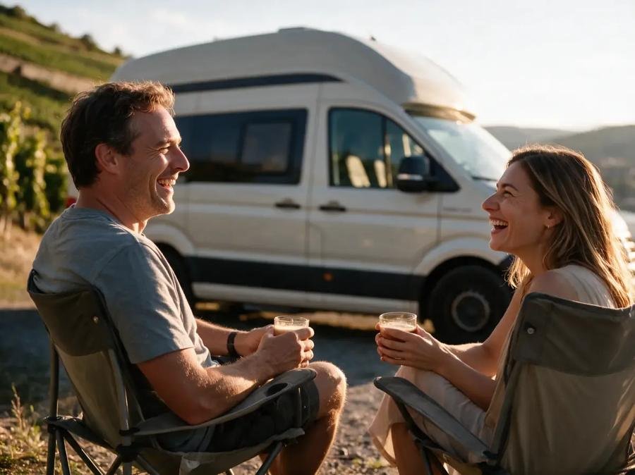 Paar sitzt lachend in Campingstühlen neben dem VW Grand California 600 4MOTION Sondermodell DUNE bei Sonnenuntergang