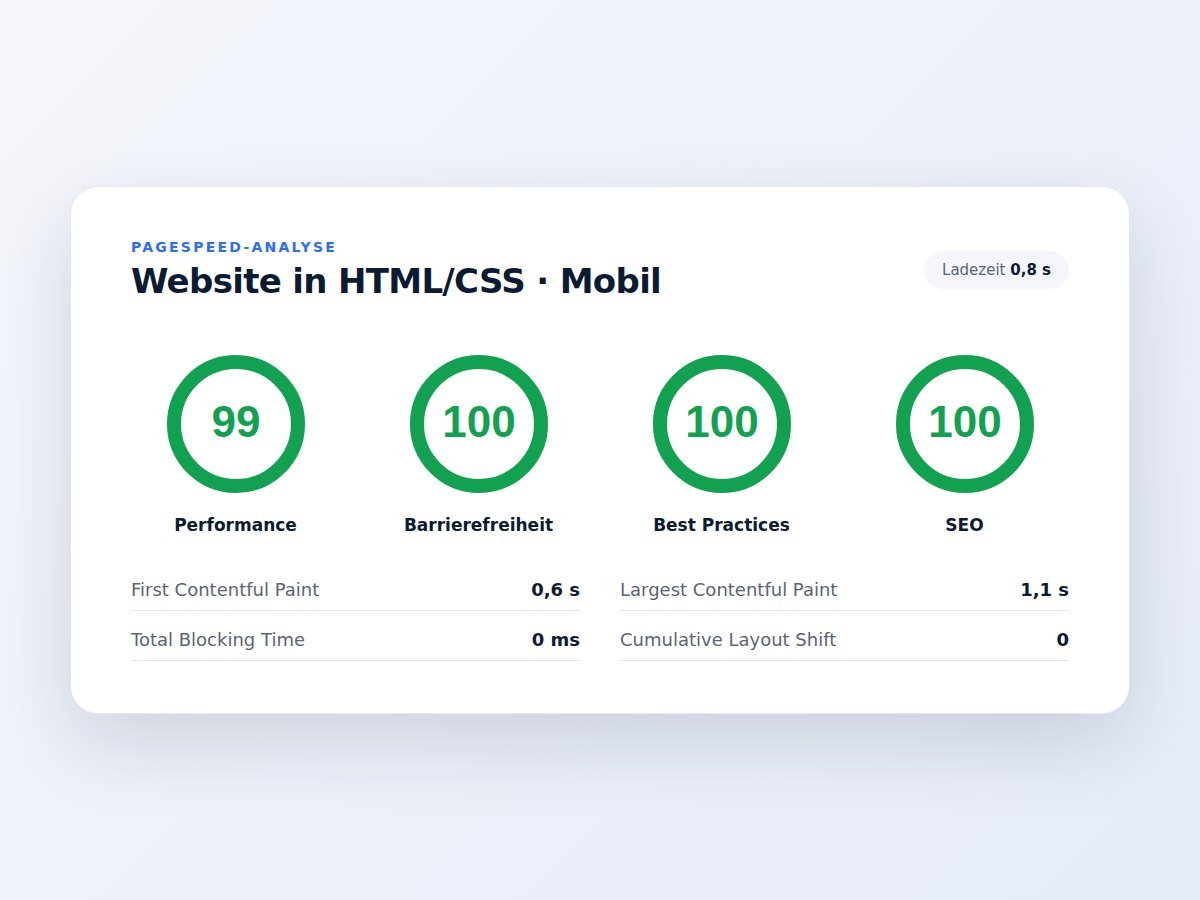 PageSpeed-Report einer schnellen HTML/CSS-Website – Webdesign mit SEO aus Leipzig und Dessau